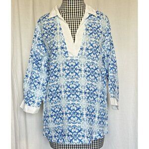 NWT Isaac Mizrahi Blue and White Damask Print Tunic Top 100% Linen Small